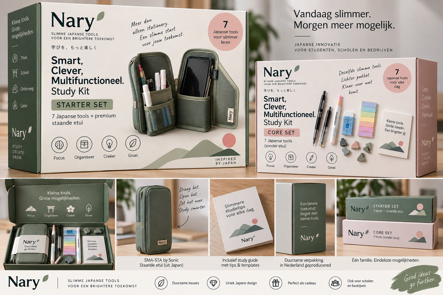 Nary Starter Set and Core Set, thoughtfully packaged in moss green and soft blush tones